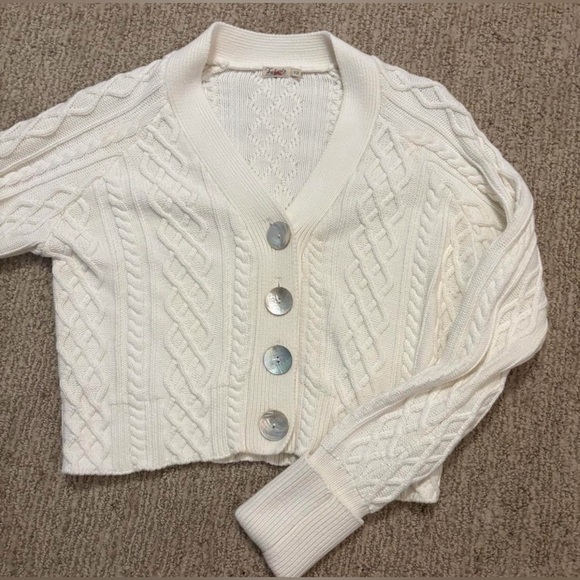 Faherty Cropped Cream Cable-Knit Cuddle Cardigan Sweater Size S - Picture 5 of 7